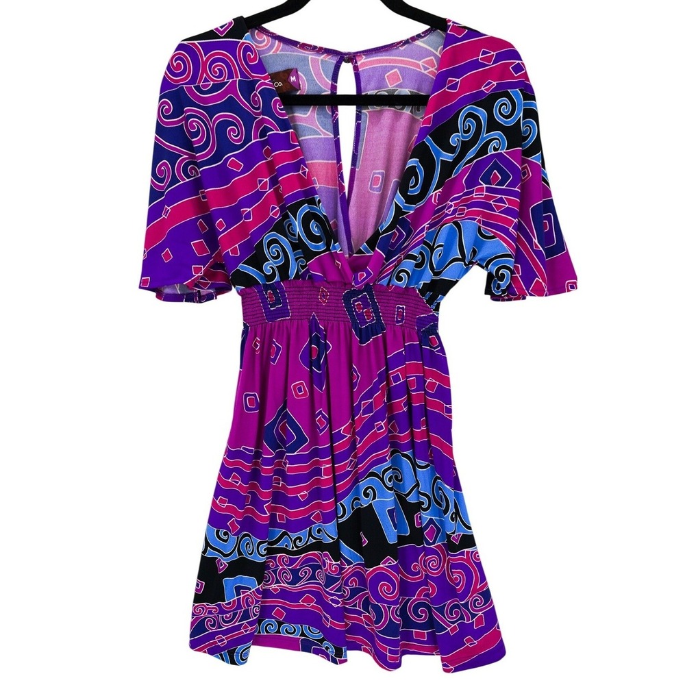 Gypsy & Co Purple Geometric Smocked Empire Mini Dress M Dolman Sleeve